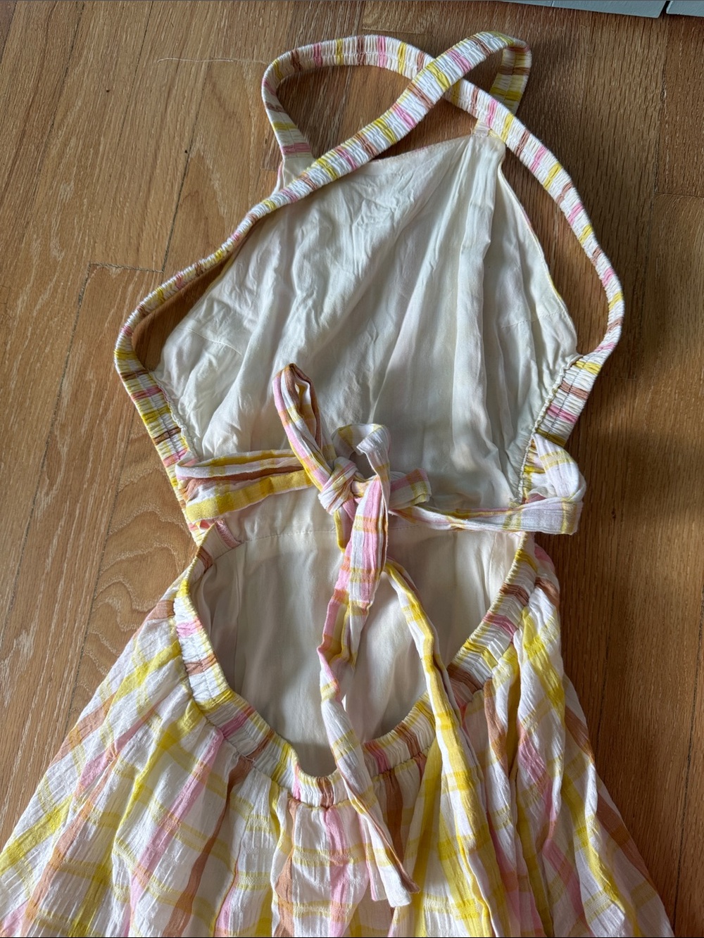 Yellow & Pink Plaid Maxi Dress with Halter Tie Back - Picture 3 of 7